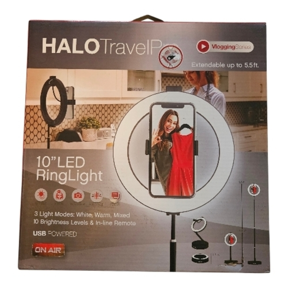 NEW Halo Travel Pro 10" LED Ring Light Extendable Height 5.5 Vlogging Podcast